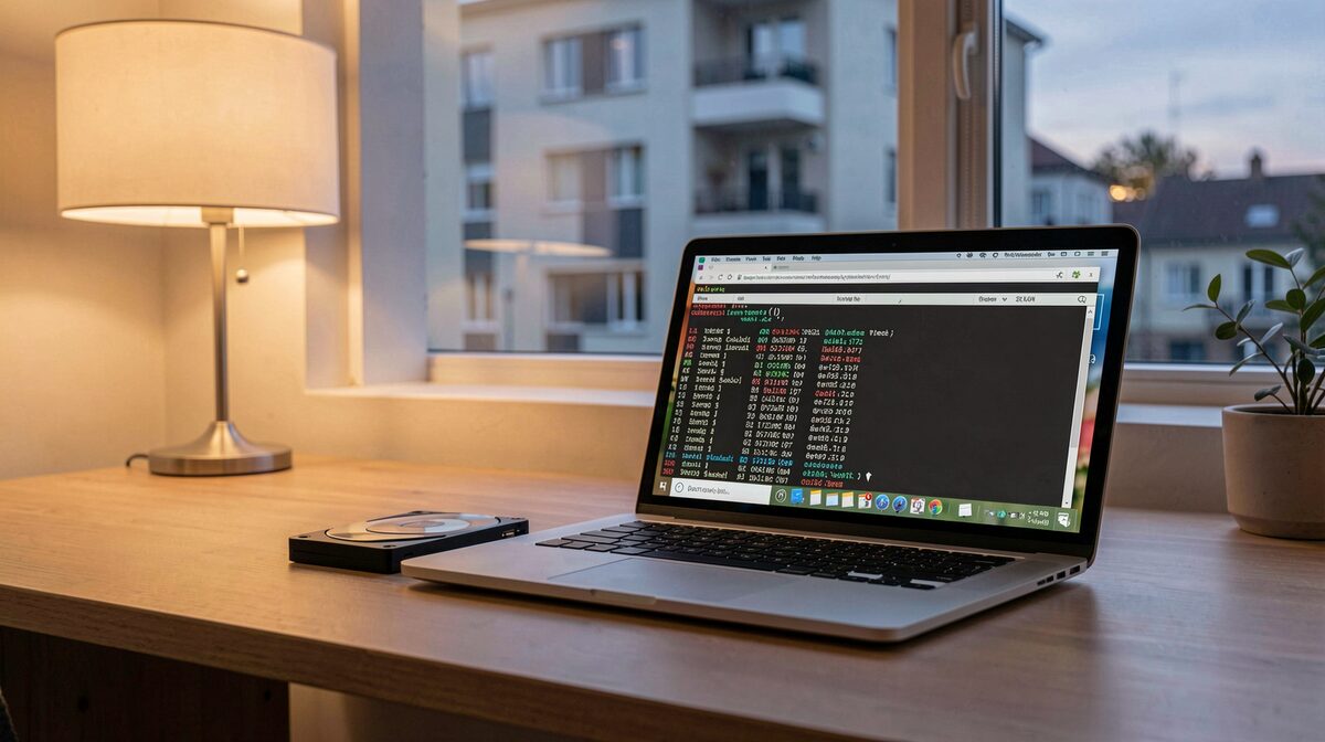 A home office desk at dusk, an external hard drive and a laptop open on a checksum log, a window behind showing a building facade, warm lamp light on the left.
