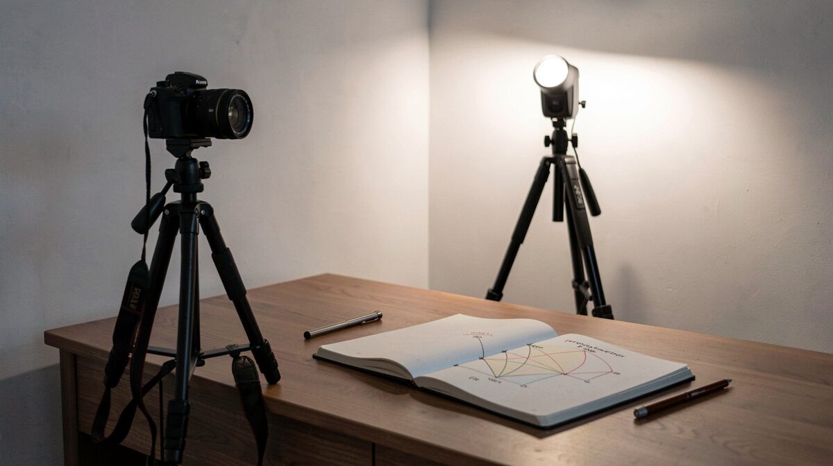 A home office desk at dusk with a camera on a tripod, a flash unit on a light stand aimed at a white wall, and a notebook open to a diagram of light angles.