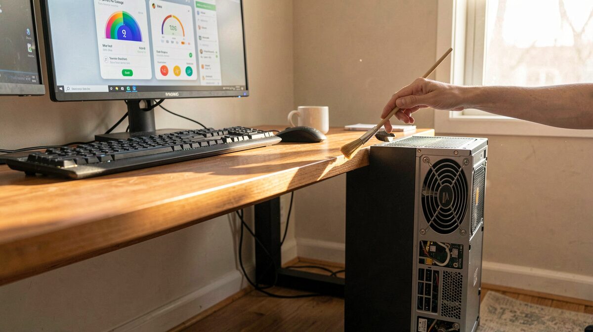 A home office desk in late afternoon light, a desktop tower on the floor beside it with its front intake grille visible, a hand holding a small brush near the filter, a thermometer app open on the monitor.