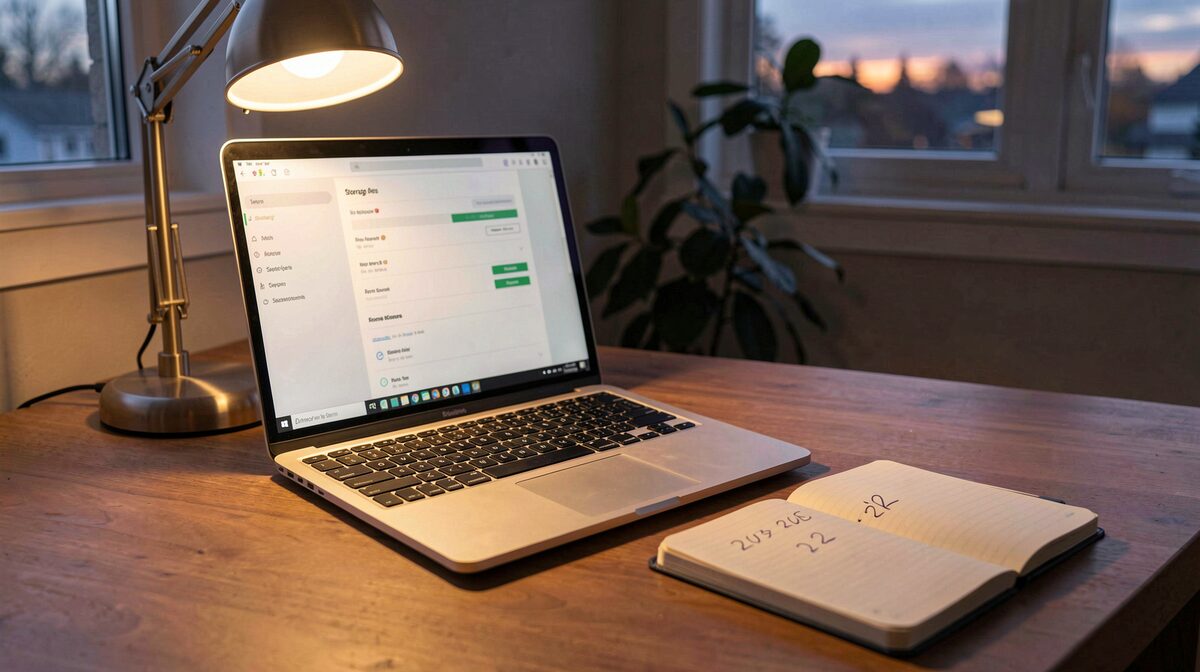 A home office desk at dusk in late autumn, an open laptop showing a storage settings panel, a notebook with two handwritten numbers beside it, a warm desk lamp lighting the keyboard, shot from slightly above at a three-quarter angle.